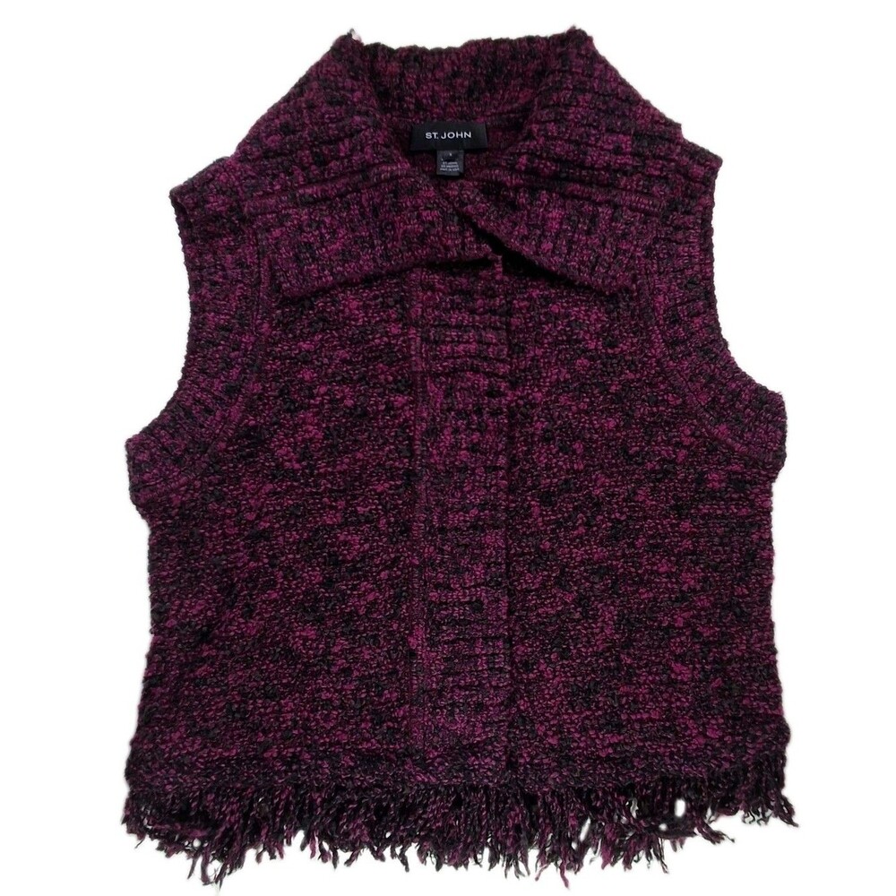 St. John Slub Sz S Wool Blend Knit Vest Fringe Hem Fuchsia Black Snap Close